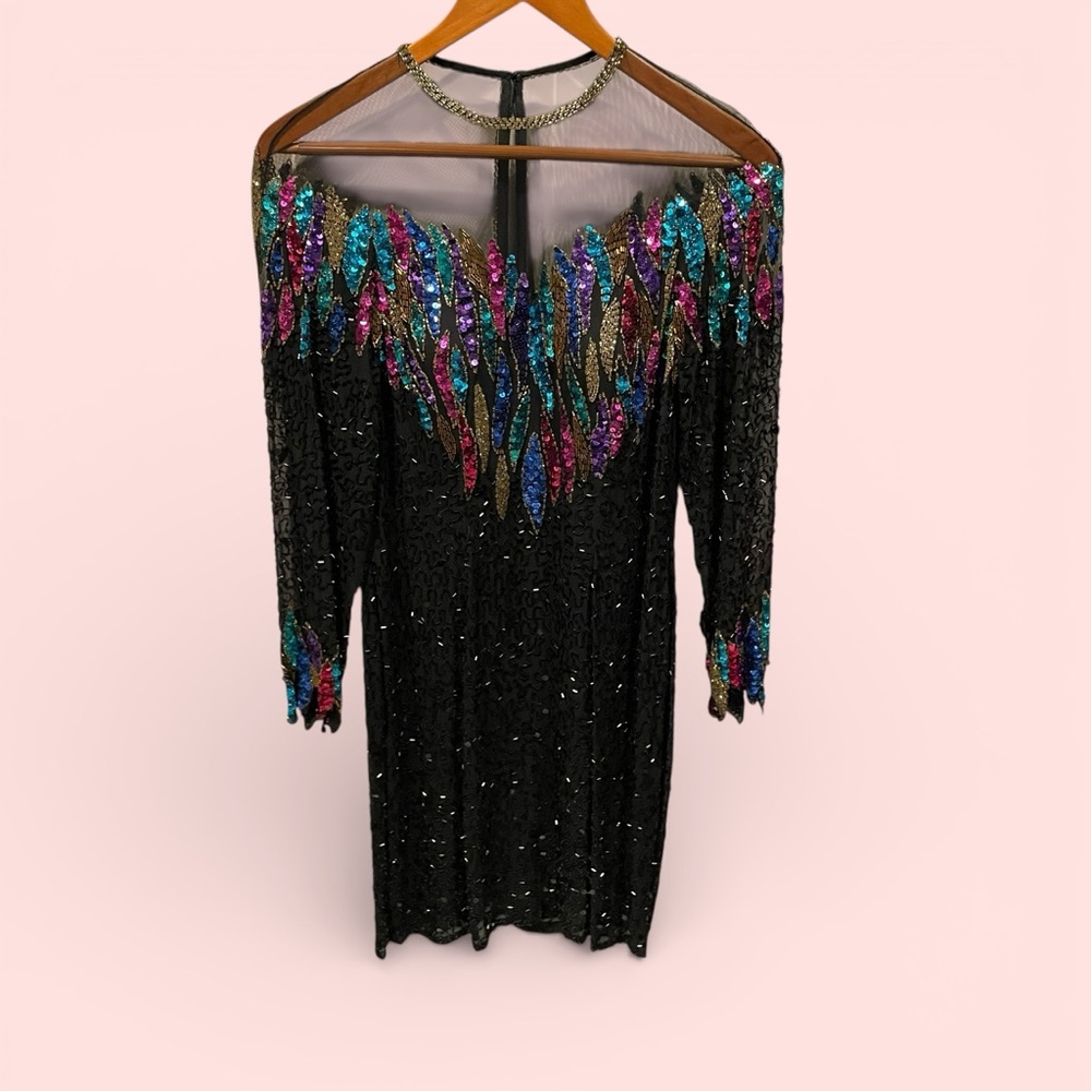 Vintage 80s Nite Line silk mesh beaded sequin floating neckline mini dress fancy